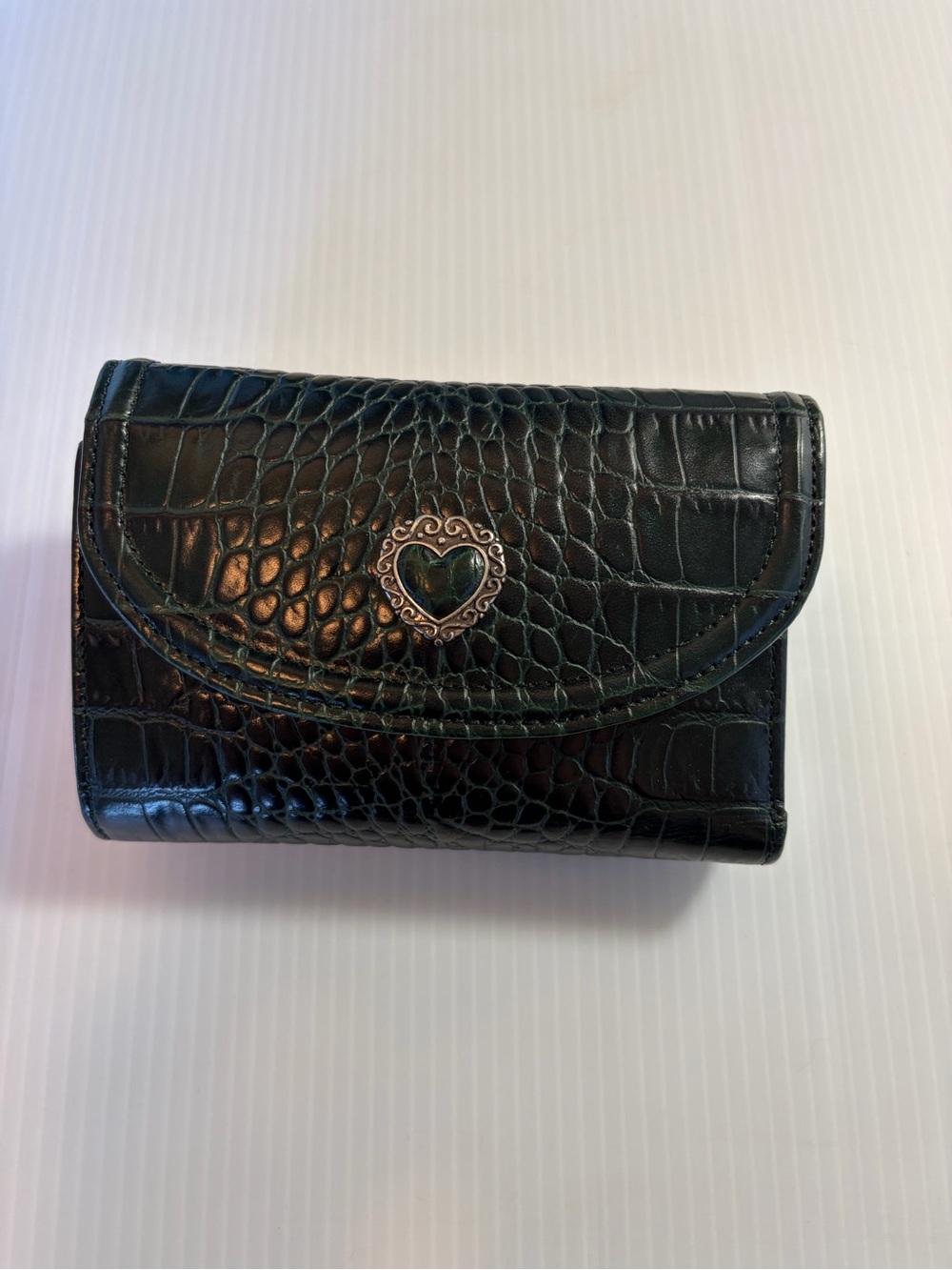 Brighton Black Croc-Embossed Wallet with Heart Emblem